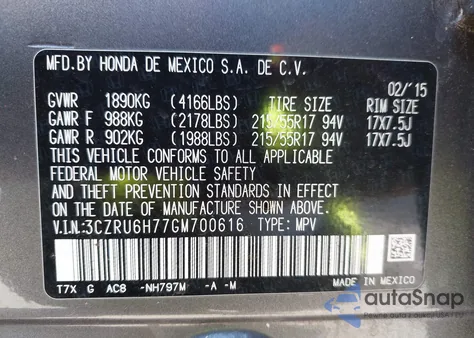 2016 Honda Hr-V Ex-L from USA, damaged, VIN 3CZRU6H77GM700616